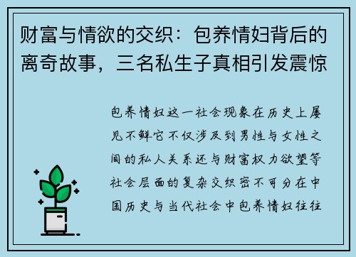 财富与情欲的交织：包养情妇背后的离奇故事，三名私生子真相引发震惊